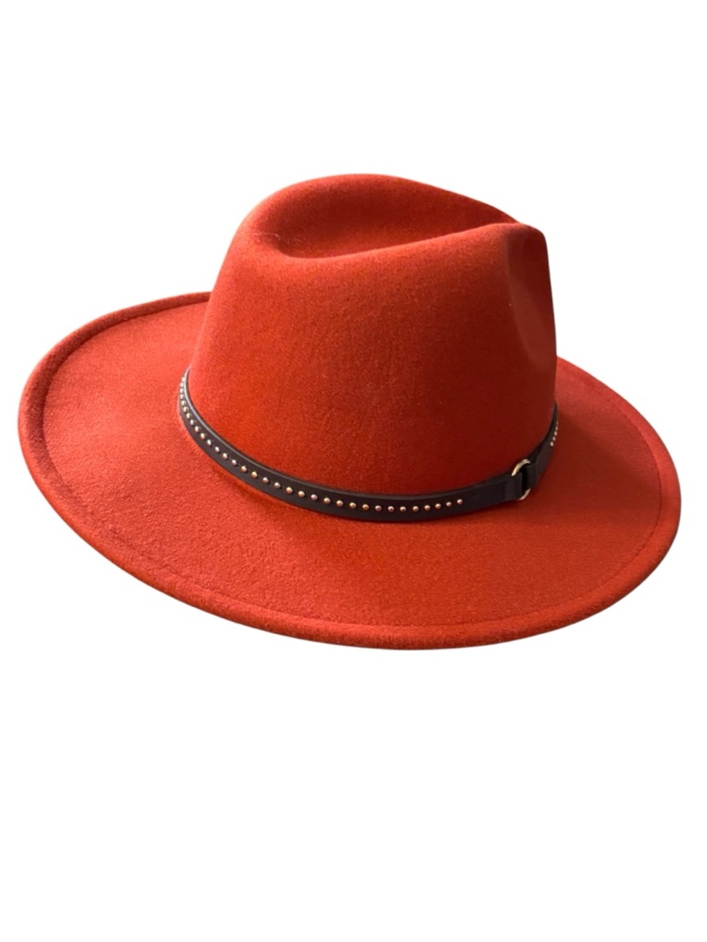 Women’s Wide Brim Fedora Hat in Burnt Orange with Studded Leather Band